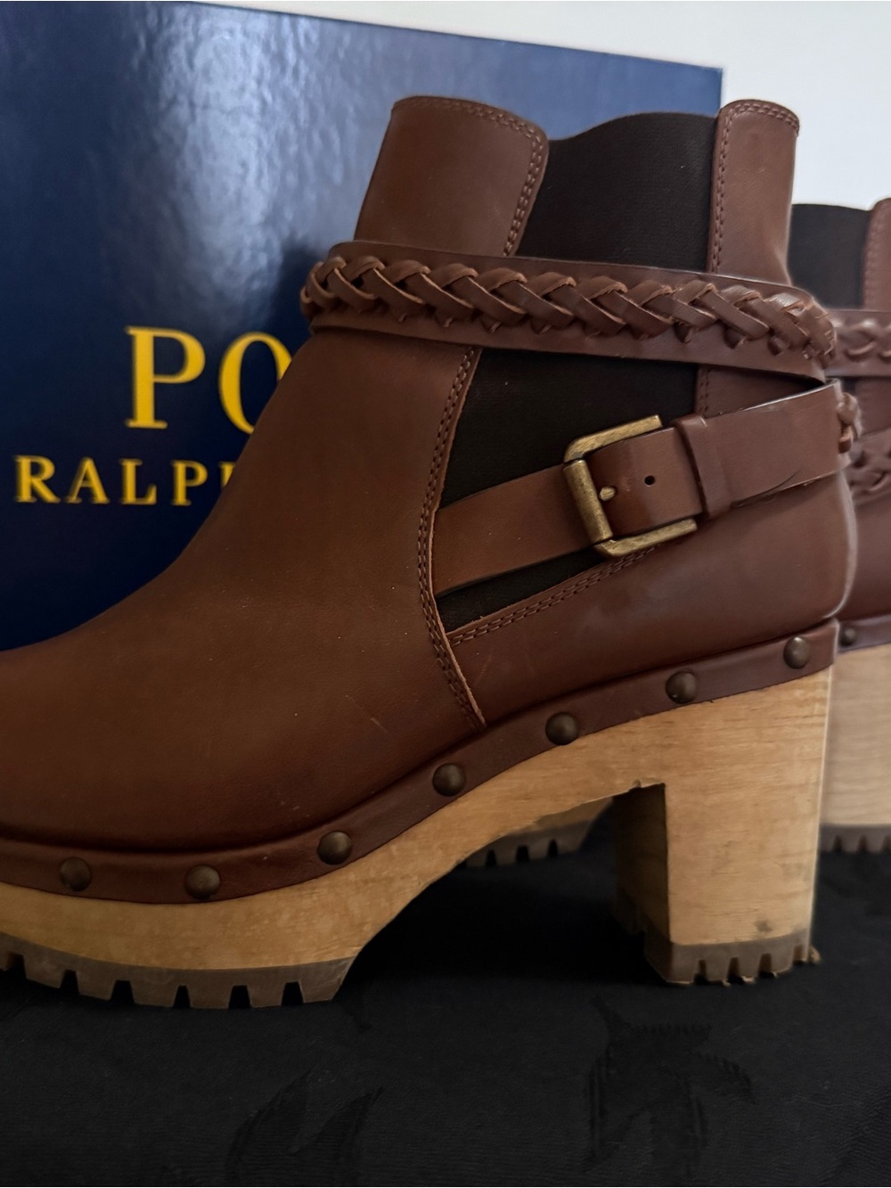 Polo by Ralph Lauren Chestnut Braided Strap Leather Ankle Booties